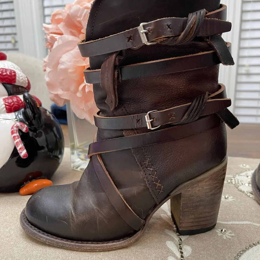 Freebird Baker Boots Women Size 6 Brown Mid-Calf Chunky Heel Strappy - Picture 4 of 12